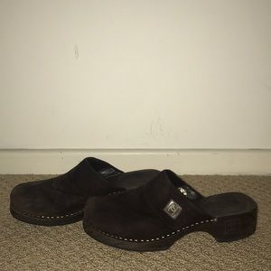 Brown suede clogs